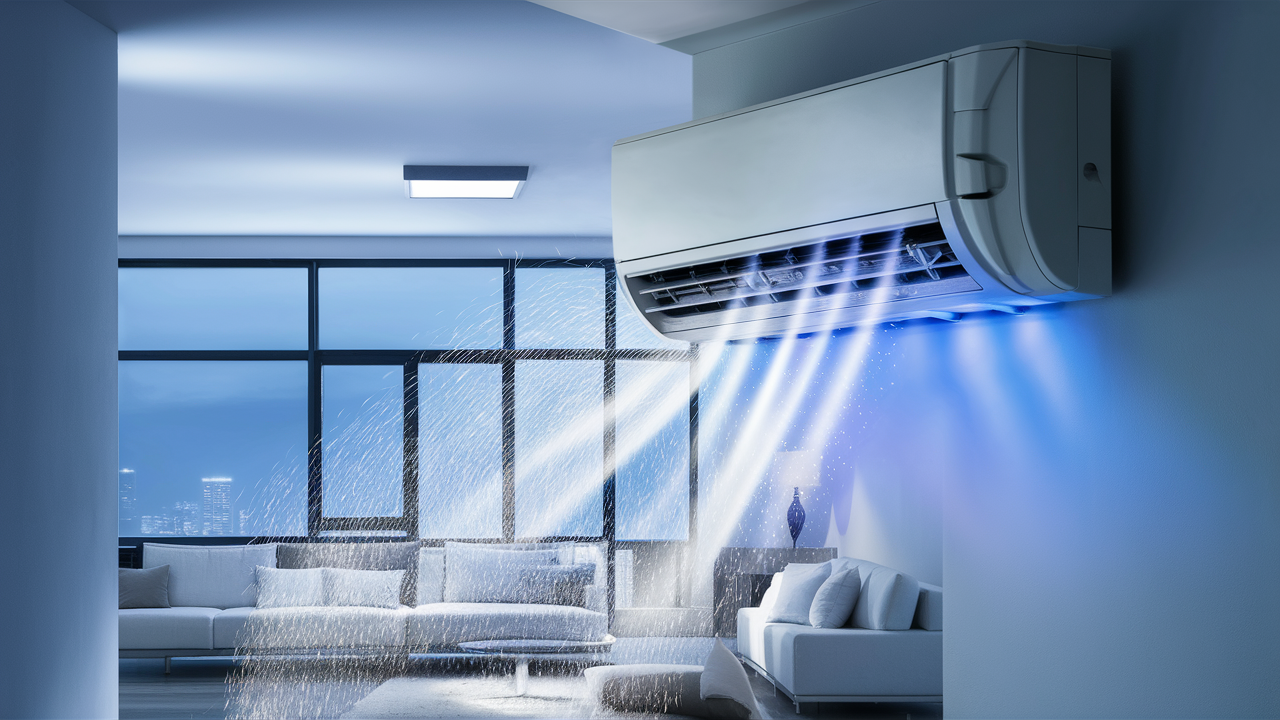 Wall-mounted split AC indoor unit blowing cool air into a living room