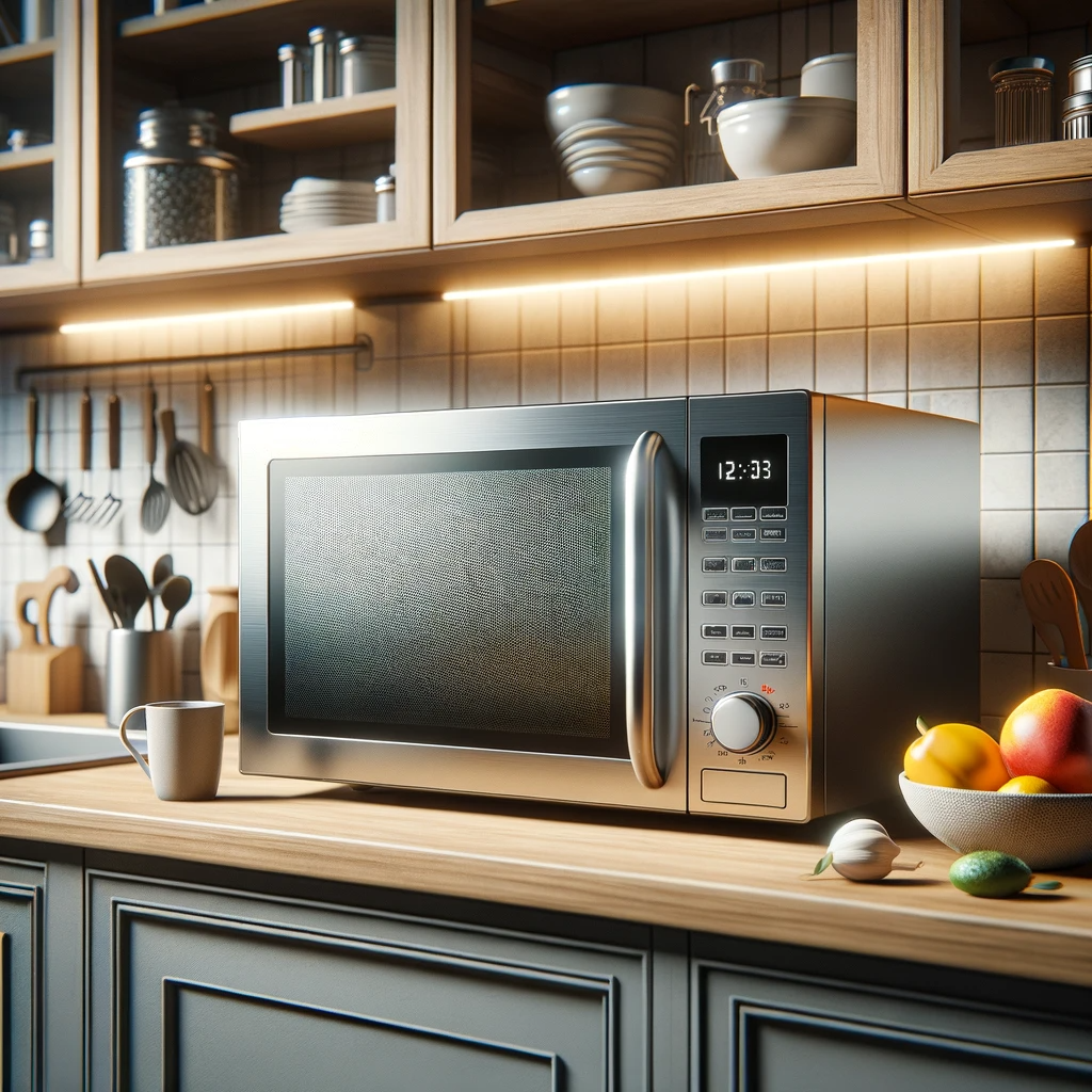 Stainless countertop microwave with keypad and dial in a kitchen under wood cabinets