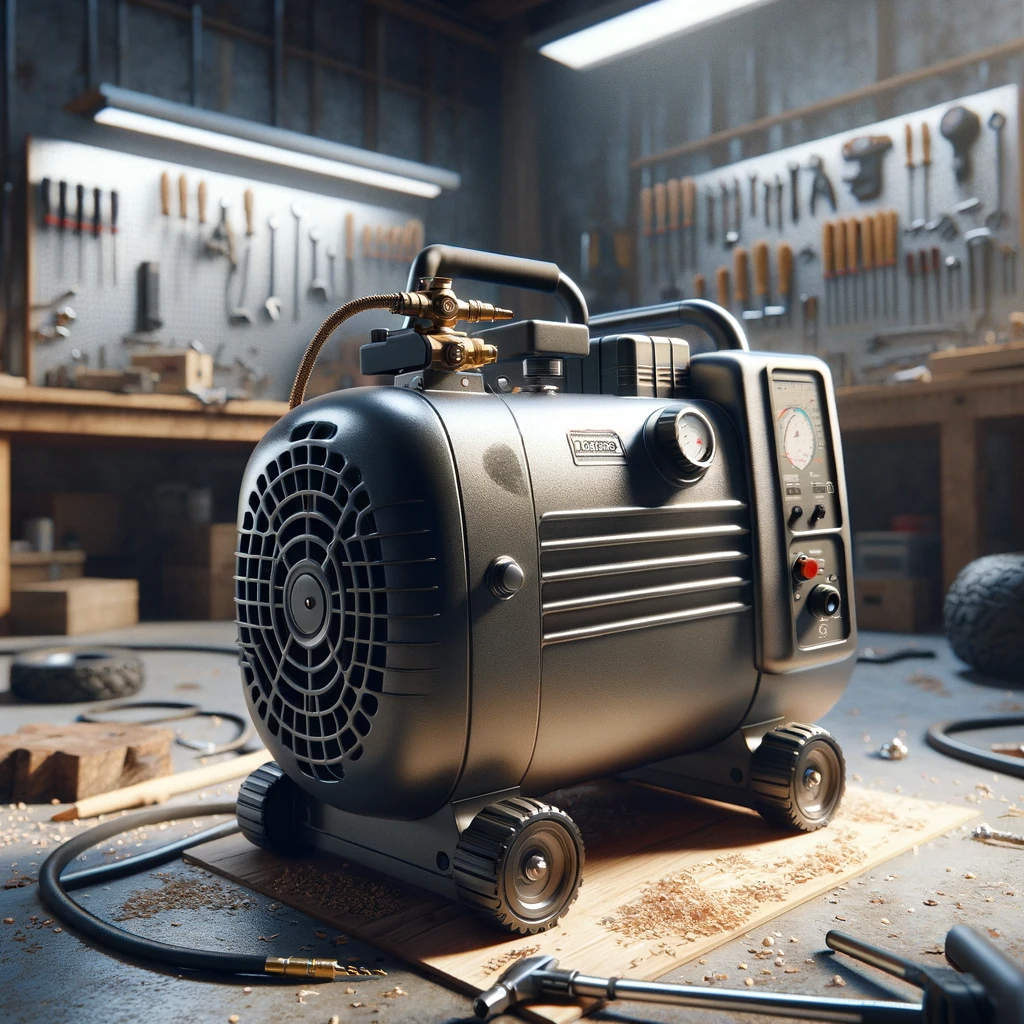 Portable air compressor with pressure gauges and a hose in a workshop