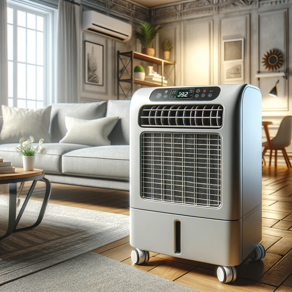 Portable air conditioner on caster wheels with a digital display in a living room