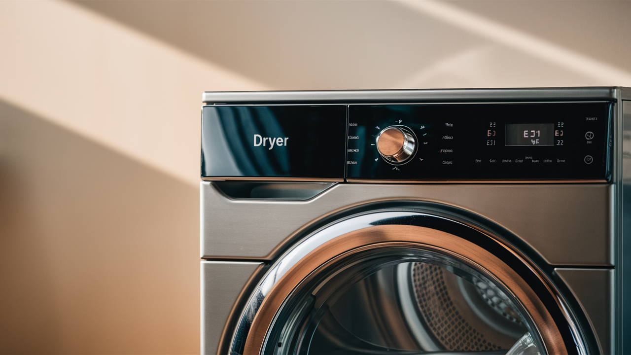 Front-load dryer with Dryer printed on the panel and an error code on its display