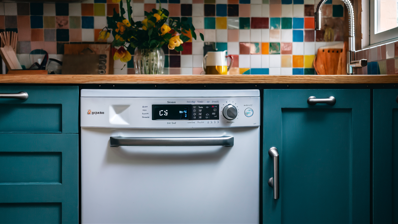 White dishwasher between teal cabinets with a C5 error code on its control panel