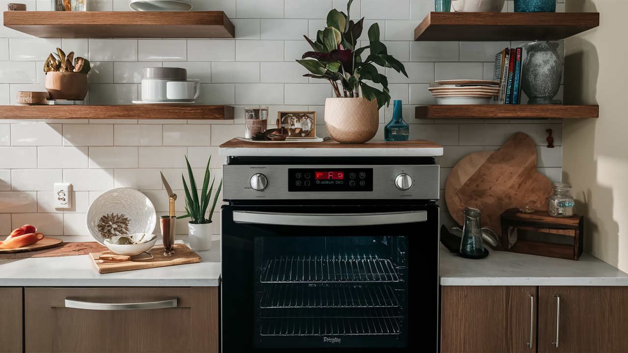 Built-in oven with a red display and empty racks below open wood shelves