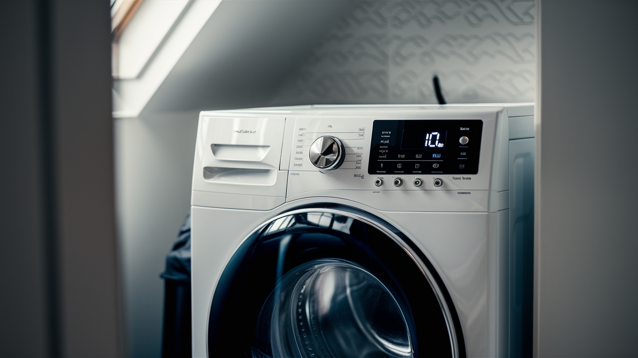 White front-load washer with 10 shown on its blue digital display