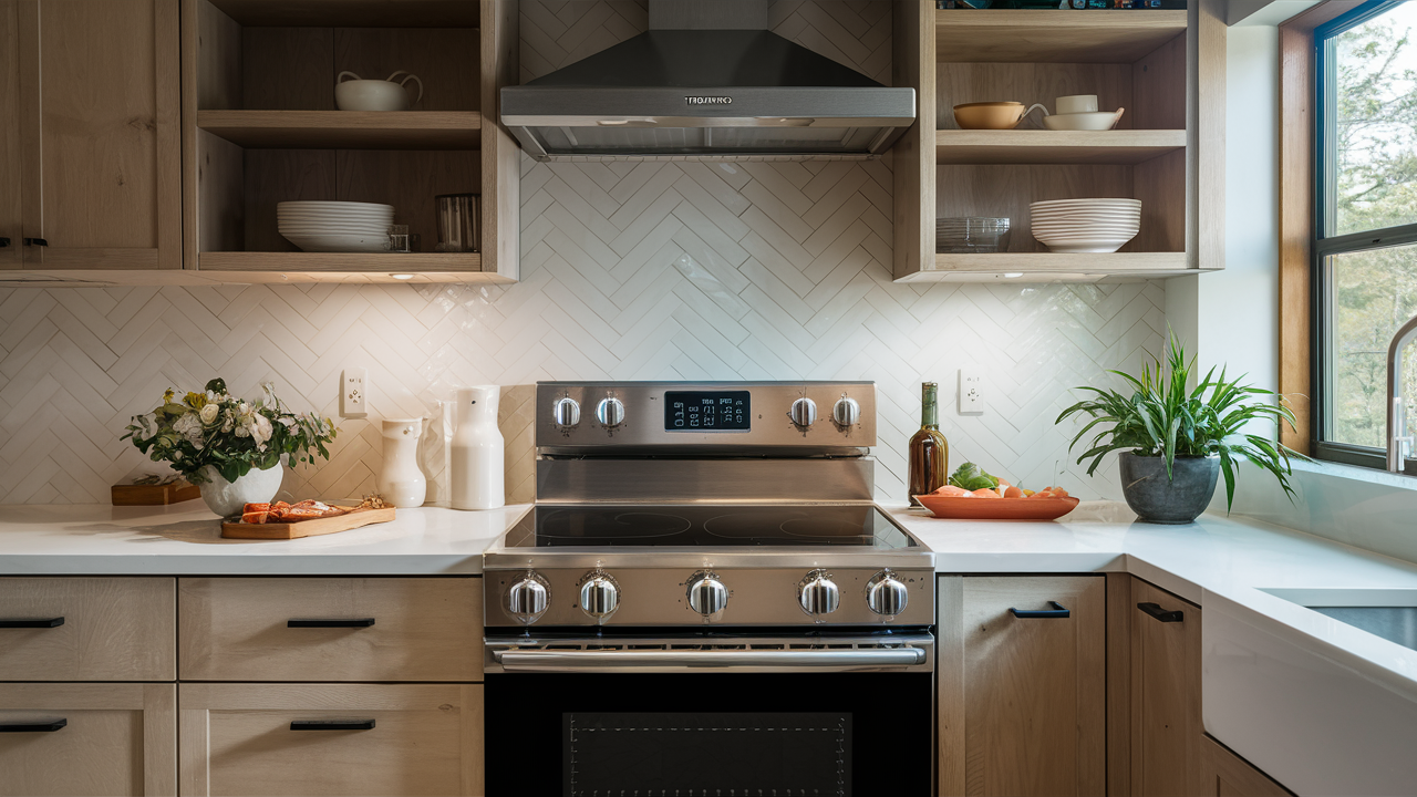 Stainless electric range with digital display under a vent hood in a kitchen with a white herringbone backsplash