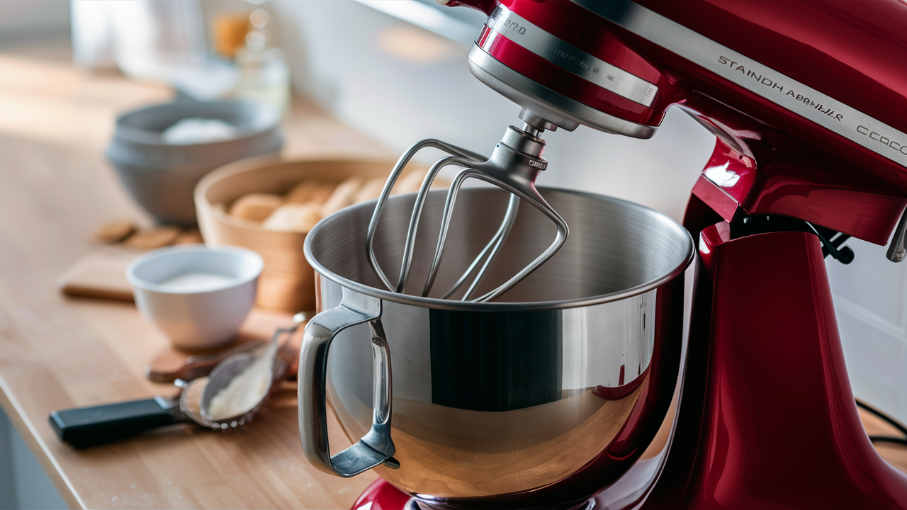 Red tilt-head stand mixer with a flat beater over a stainless bowl
