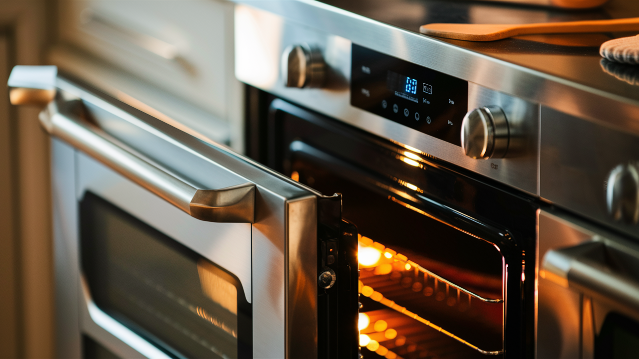 Stainless steel oven with the door open and the interior lit, showing racks inside