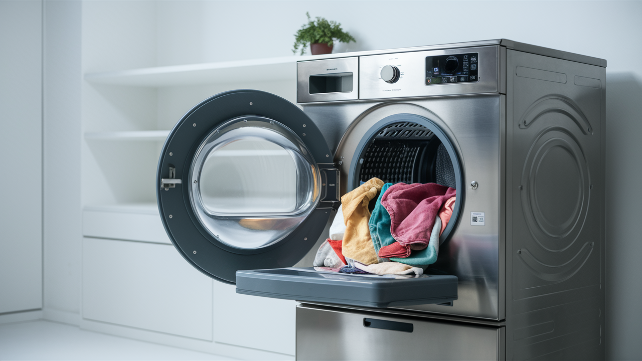Front-load washer-dryer with door open and clothes spilling onto the door shelf in a white laundry room