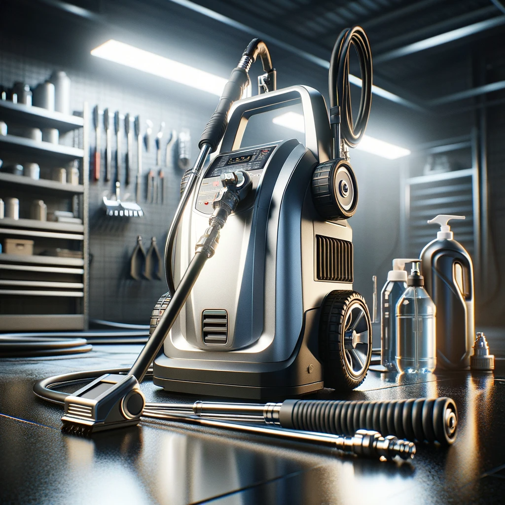 Electric pressure washer with hose, spray wand and cleaning bottles in a garage