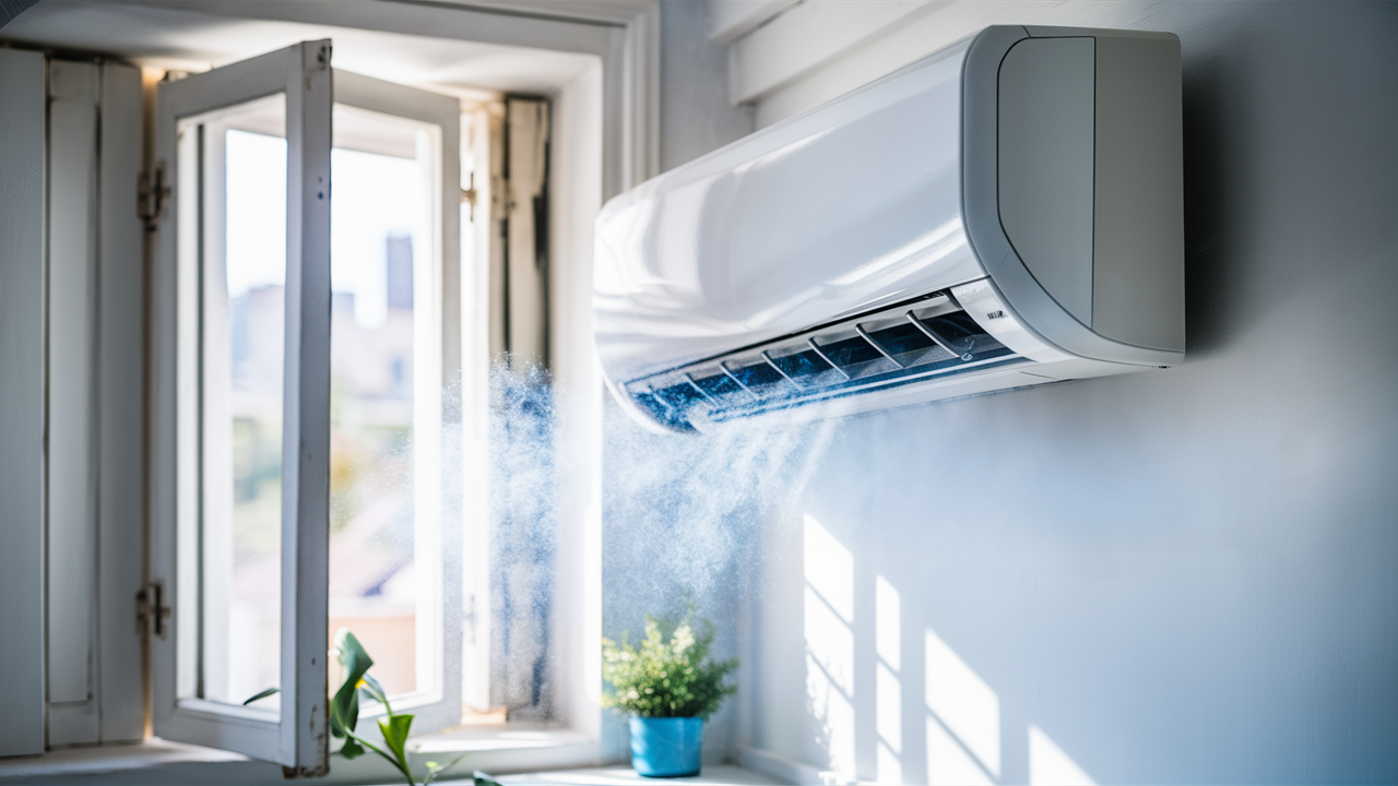 Wall-mounted split air conditioner blowing air near an open window