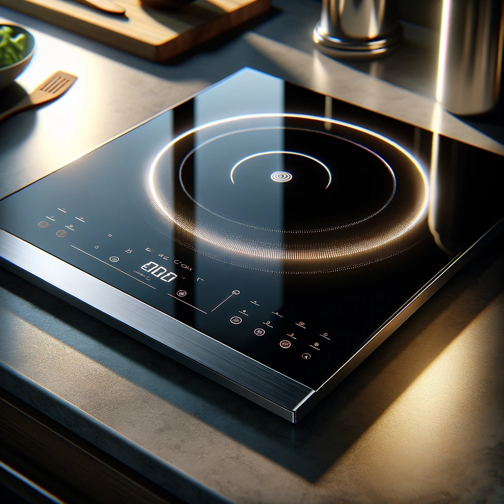 Black glass induction cooktop with a single ring-marked cooking zone and touch controls