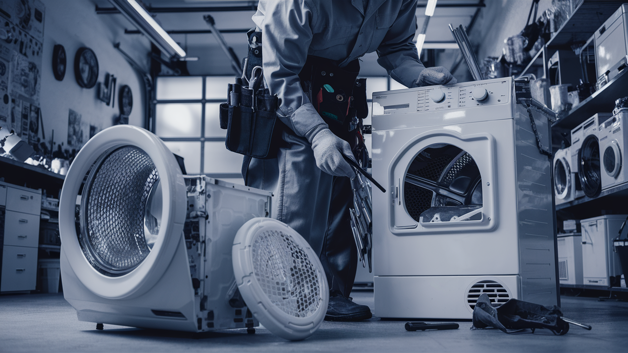 Technician repairing a front-load dryer in a workshop beside a disassembled machine