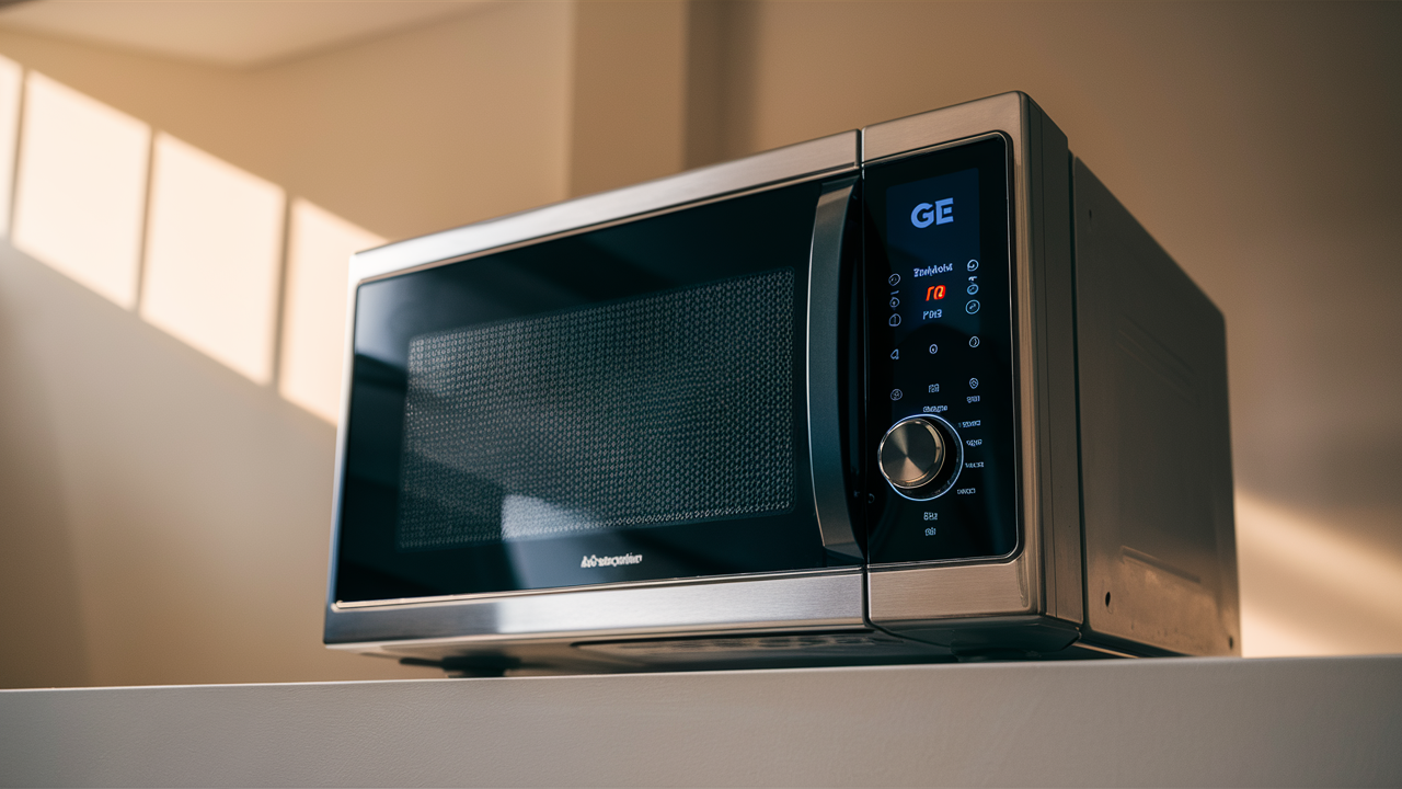 Stainless microwave with GE on its control panel and a red indicator lit