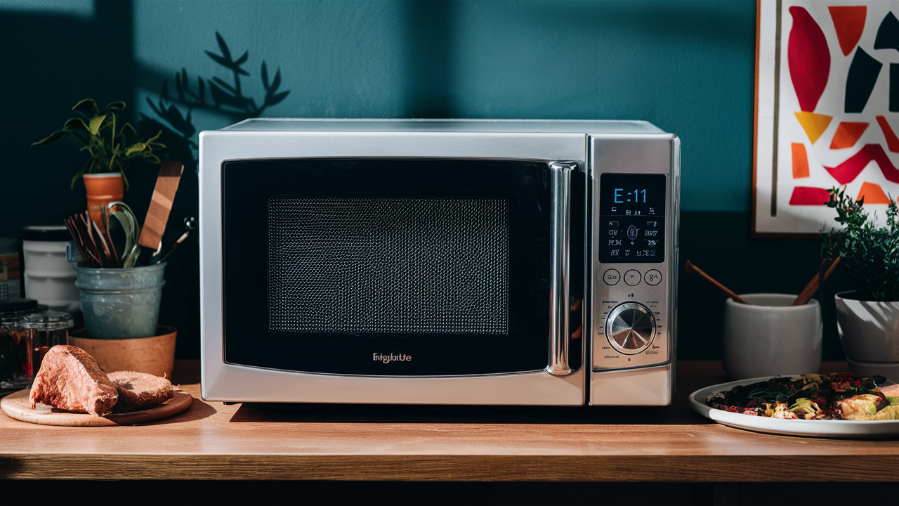 Stainless countertop microwave with E:11 error code on its display