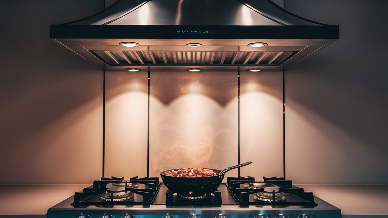 Lit range hood above a gas cooktop with steam rising from a frying pan