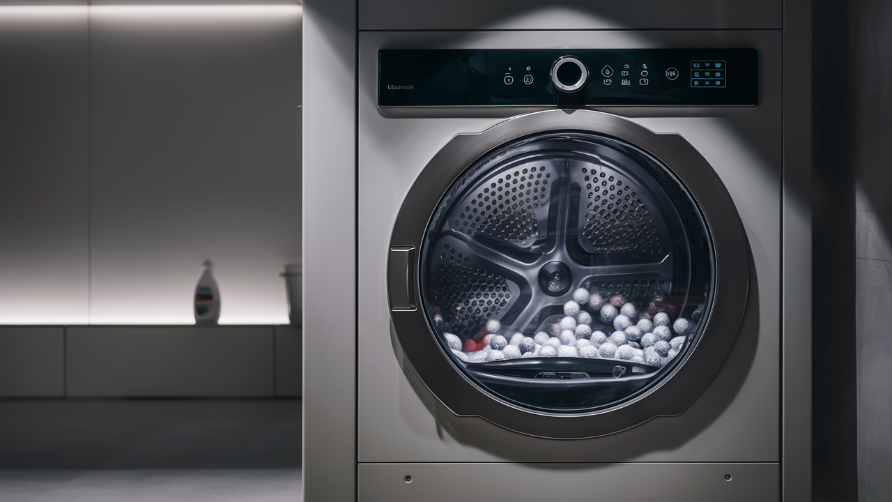 Dark front-load dryer with a drum full of white dryer balls and a control panel above
