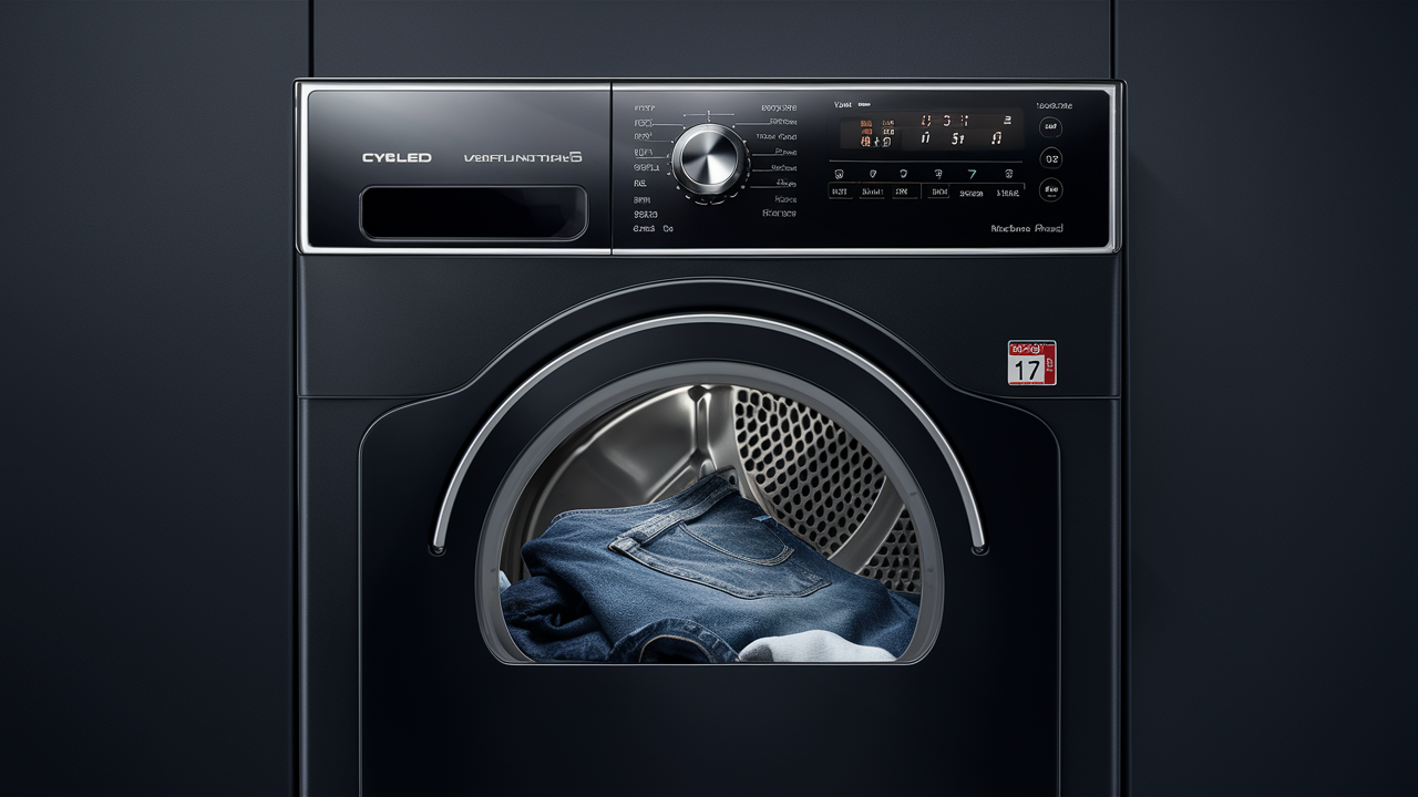Front of a dark front-load dryer with jeans inside the drum