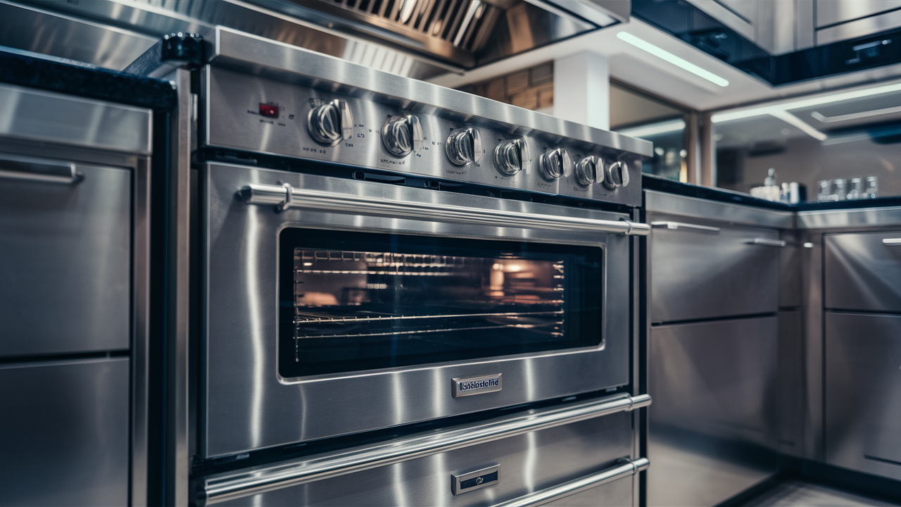 Stainless gas range with six control knobs and an oven window in a kitchen
