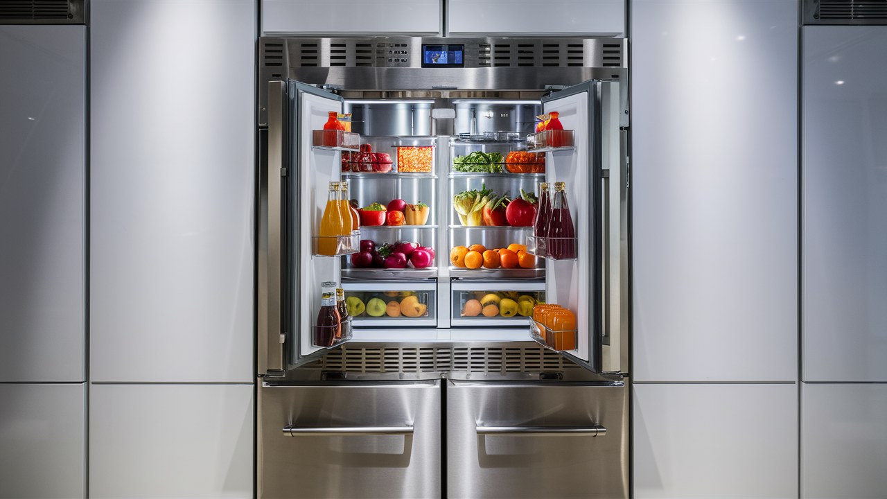 Stainless French door refrigerator open and lit, stocked with produce and drinks