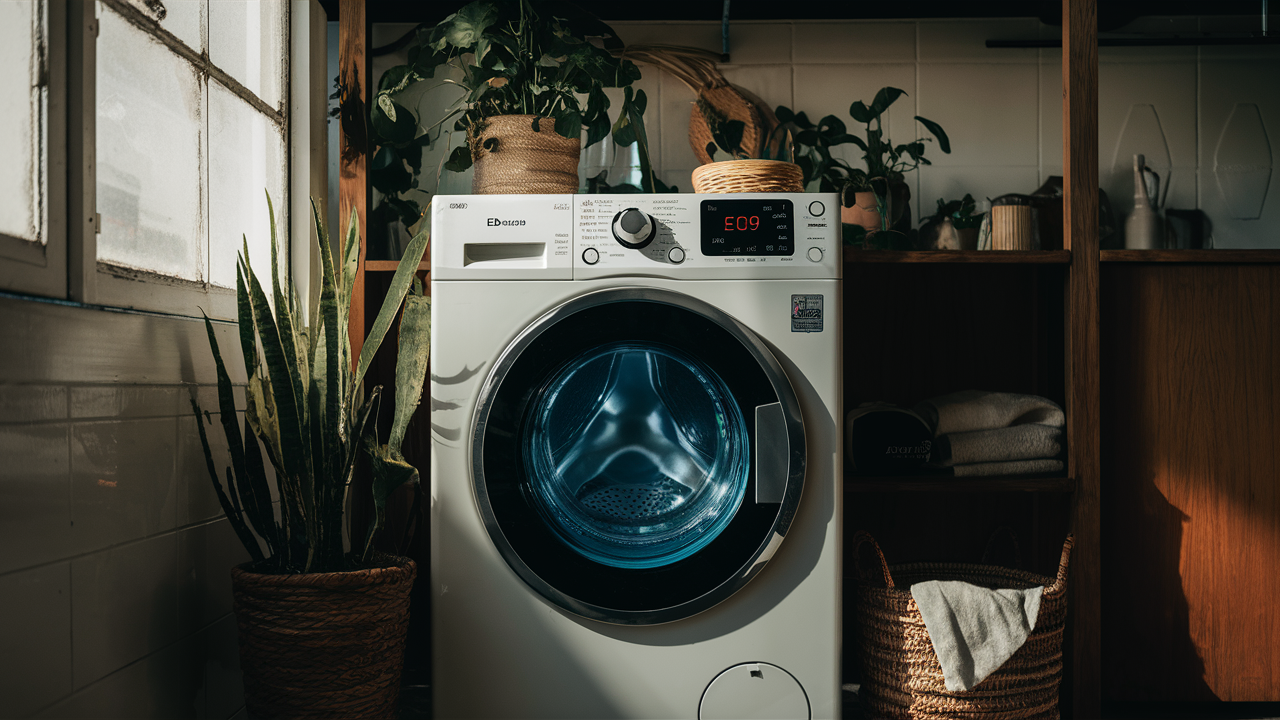 White front-load washer displaying an E09 error code in a laundry room with plants