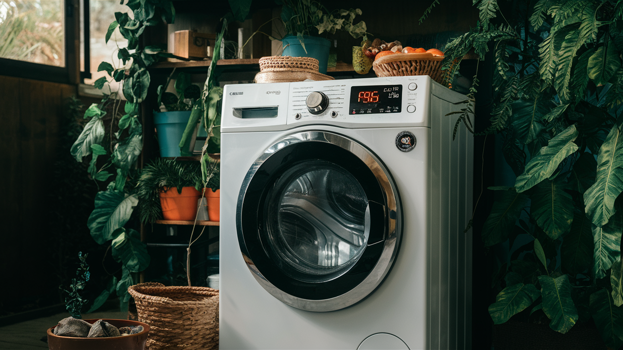 White front-load washer with a red error code on its display among houseplants