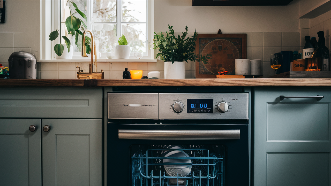 Front-control dishwasher with a digital code display and dish rack visible through its glass door