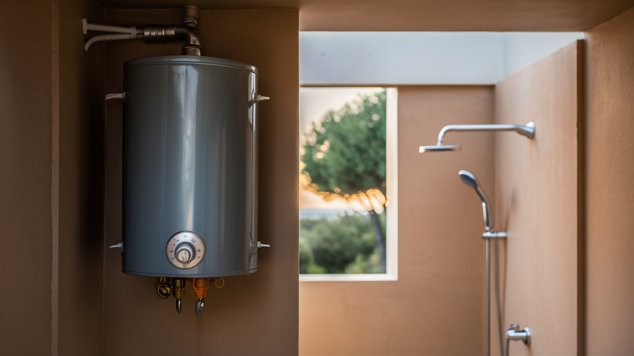 Gray wall-mounted water heater with a temperature dial and pipes beside a shower