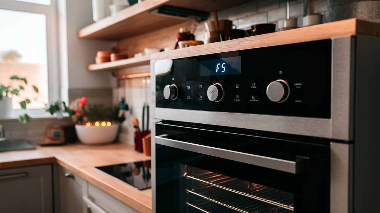Stainless wall oven with an F5 error code on its blue display near a glass cooktop