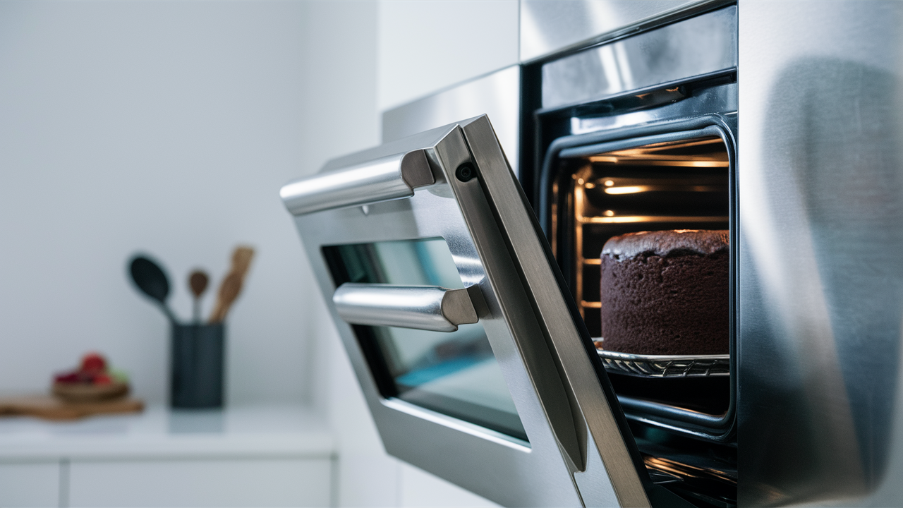 Wall oven door opening to show a chocolate cake baking inside